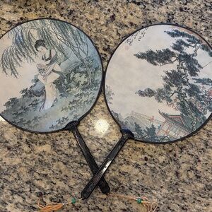 Vintage Asian silk Fans - Black and Gray